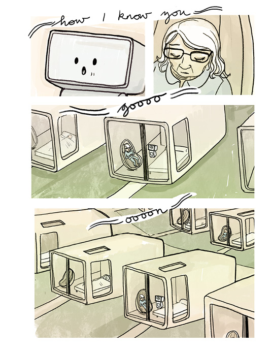 Some pages from Sunset 4:19 showing an elderly lady being cared for in a pod village by a robot